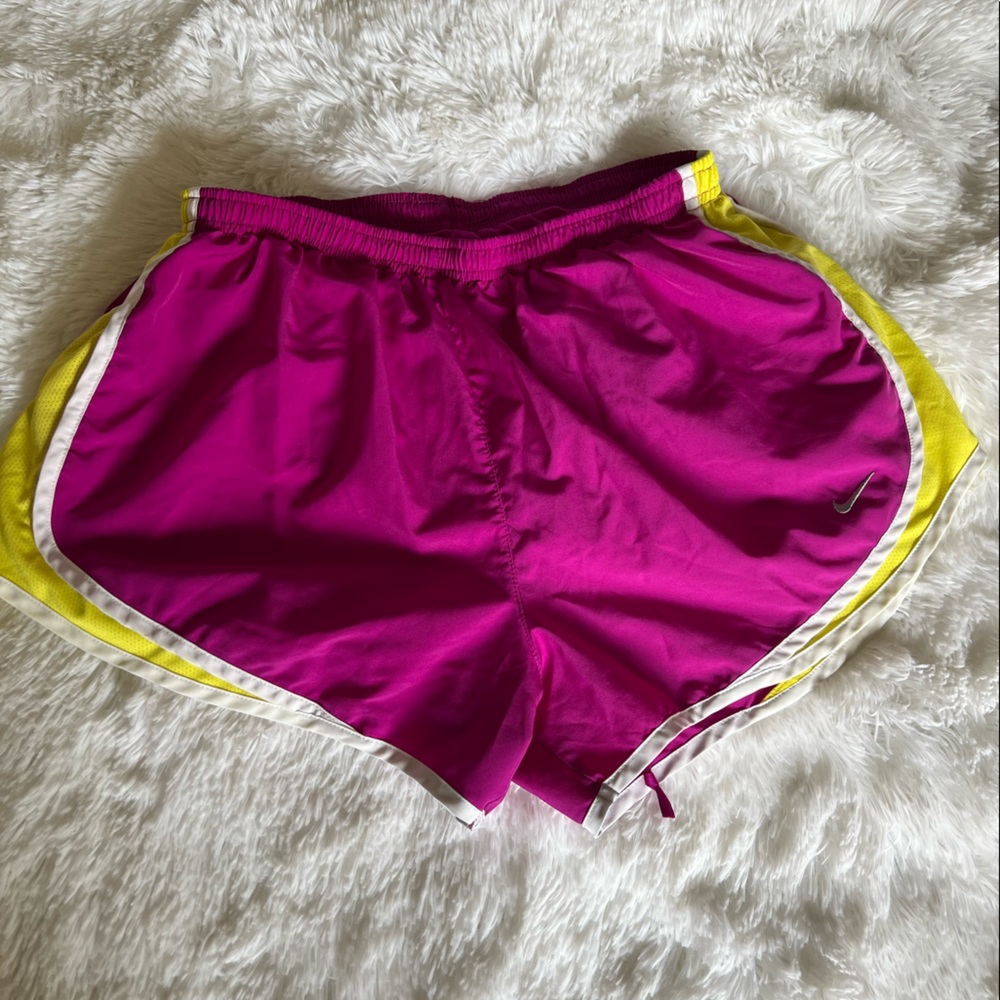Nike dri fit athletic shorts purple yellow white size large